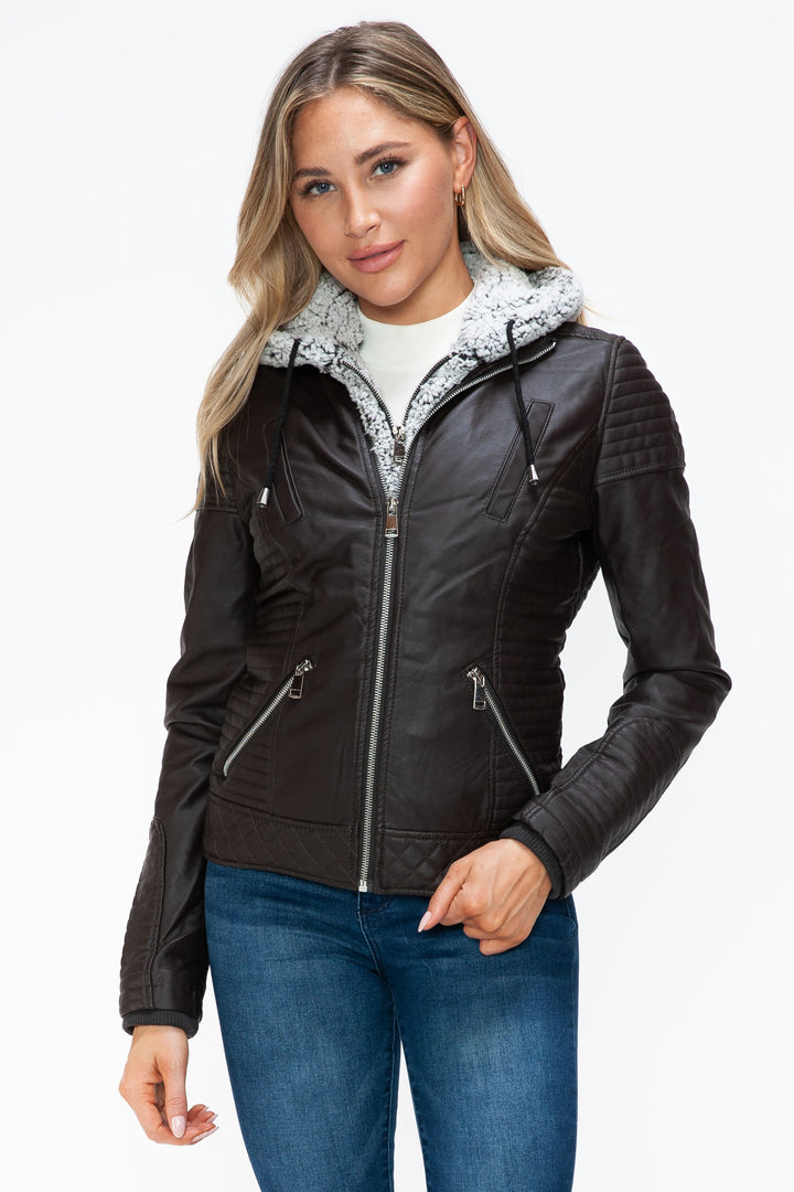 YMI Faux Layered Double-Zipper Faux Leather Jacket with Fuzzy Hood