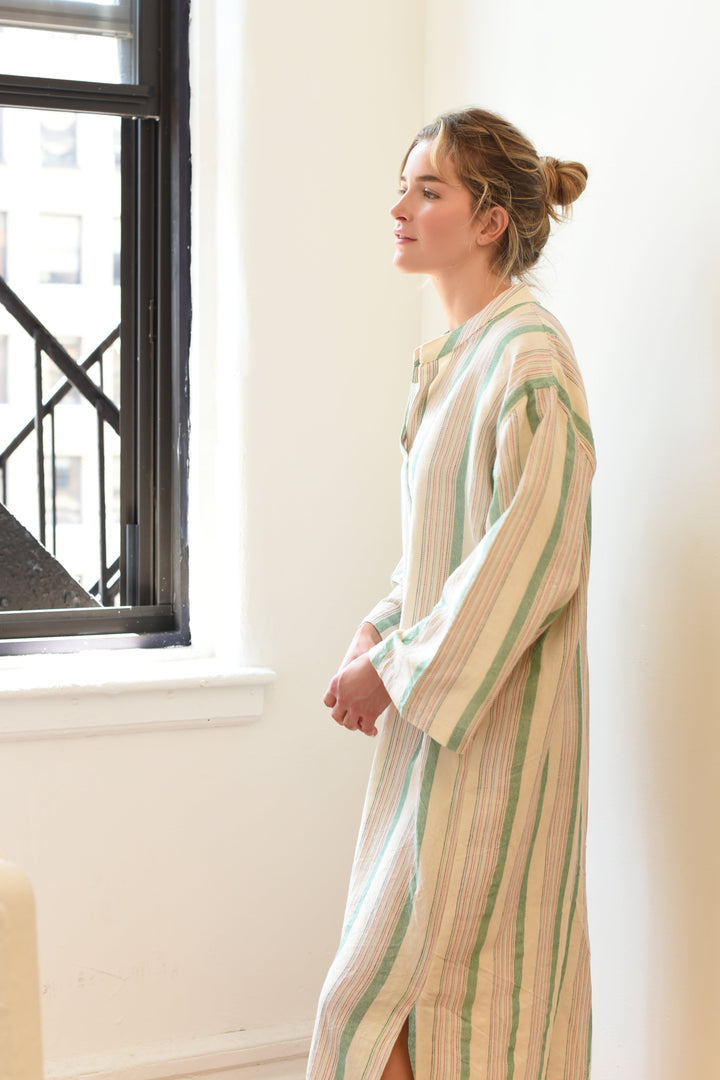 Home & Loft Turkish Cotton Green Ivory Montauk Long Sleeve Maxi Kaftan