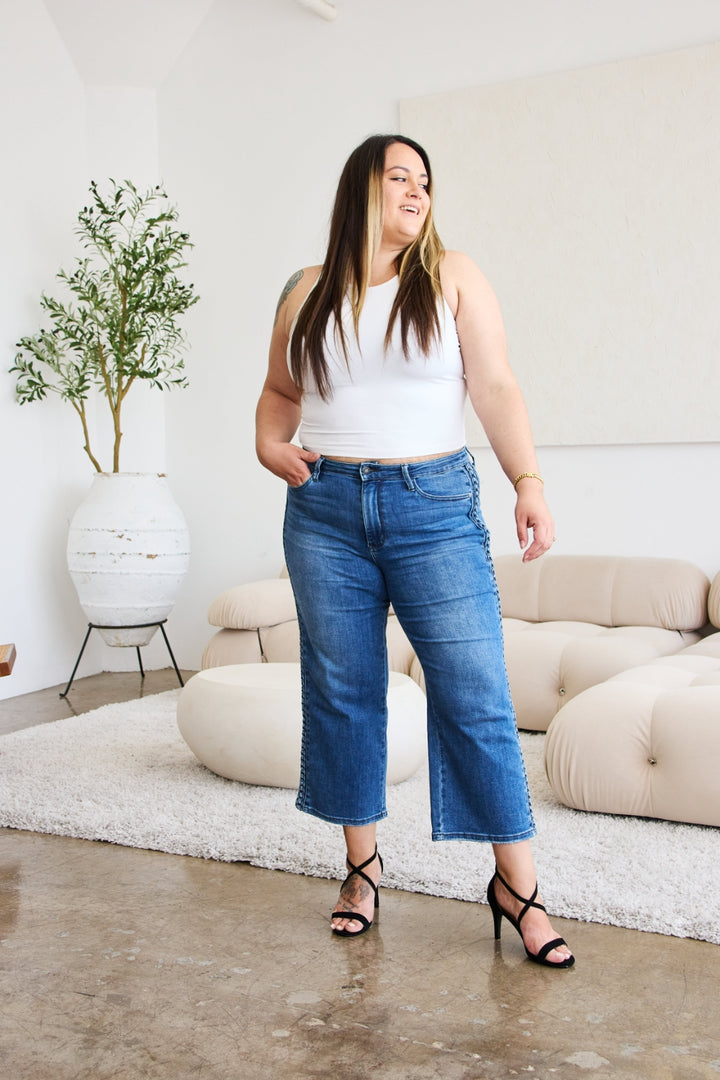 Judy Blue Braid Side Detail Wide Leg Jeans