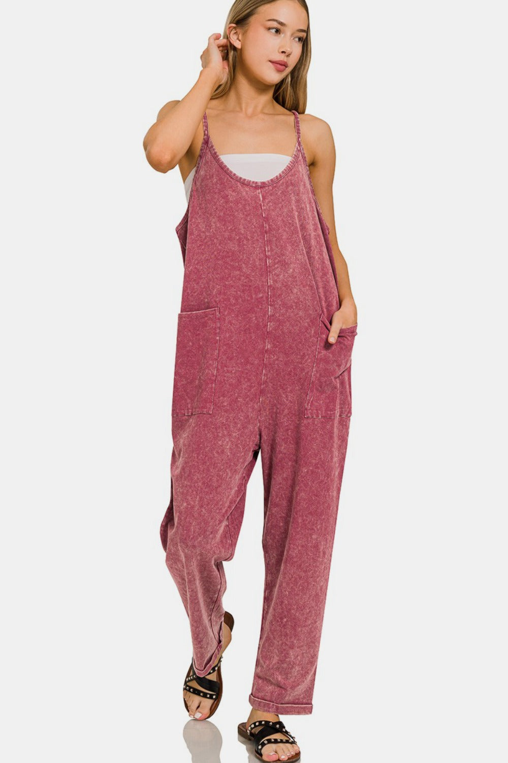 Zenana Washed Spaghetti Straps Jumpsuit with Pockets
