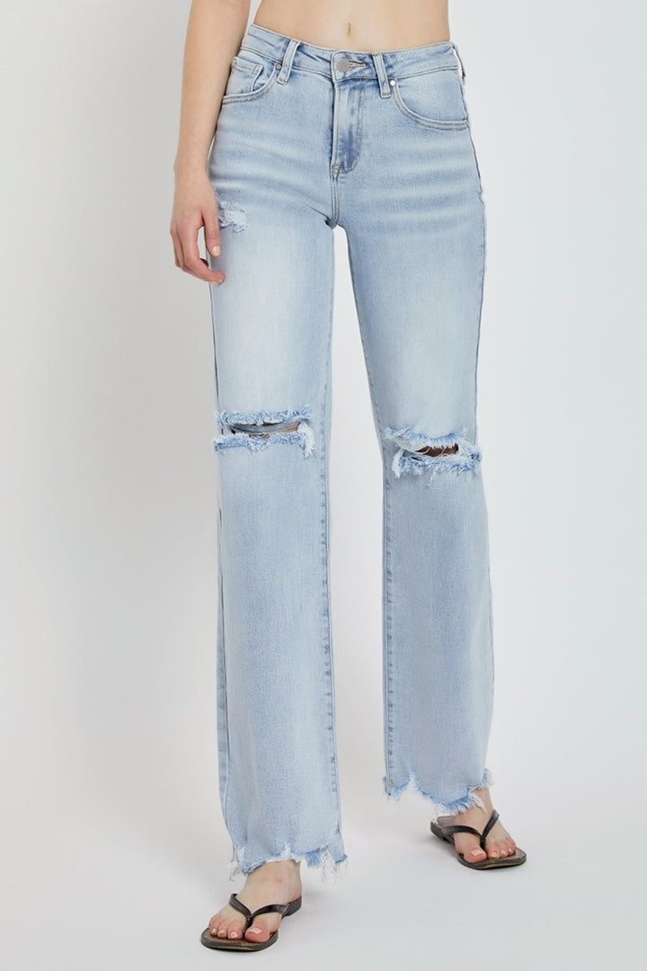 Risen High Rise Distressed Wide Leg Jeans