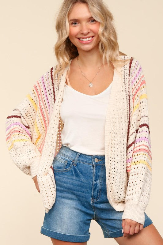 Haptics Striped Crochet Open Front Cardigan