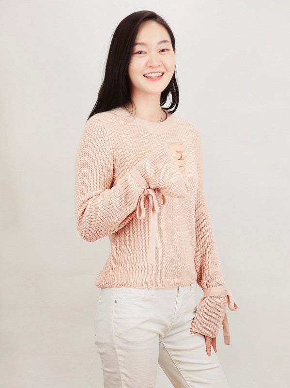 Mak Bow Bell Sleeve Waffle Knit Sweater Pullover