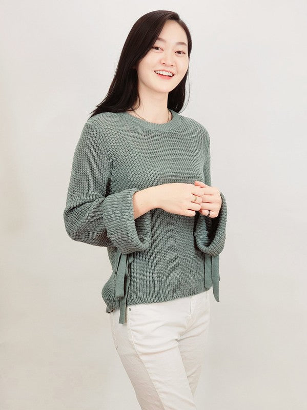 Mak Bow Bell Sleeve Waffle Knit Sweater Pullover