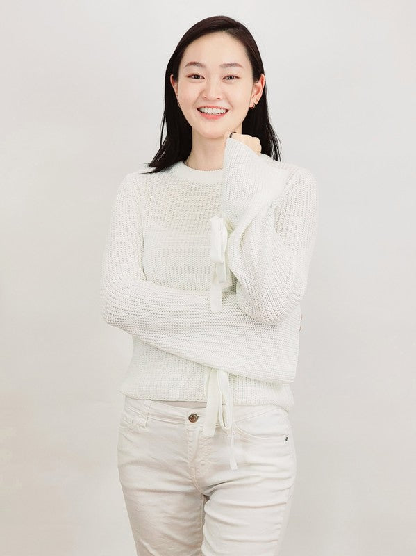 Mak Bow Bell Sleeve Waffle Knit Sweater Pullover