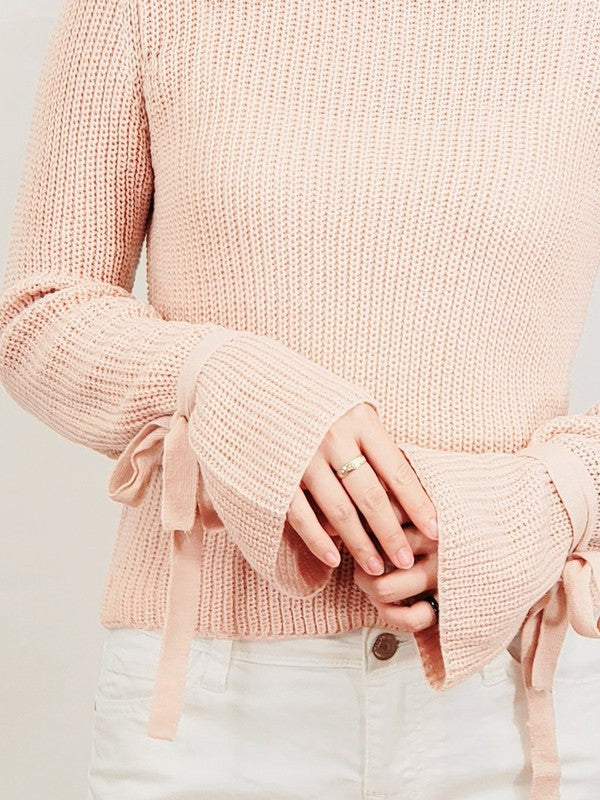 Mak Bow Bell Sleeve Waffle Knit Sweater Pullover