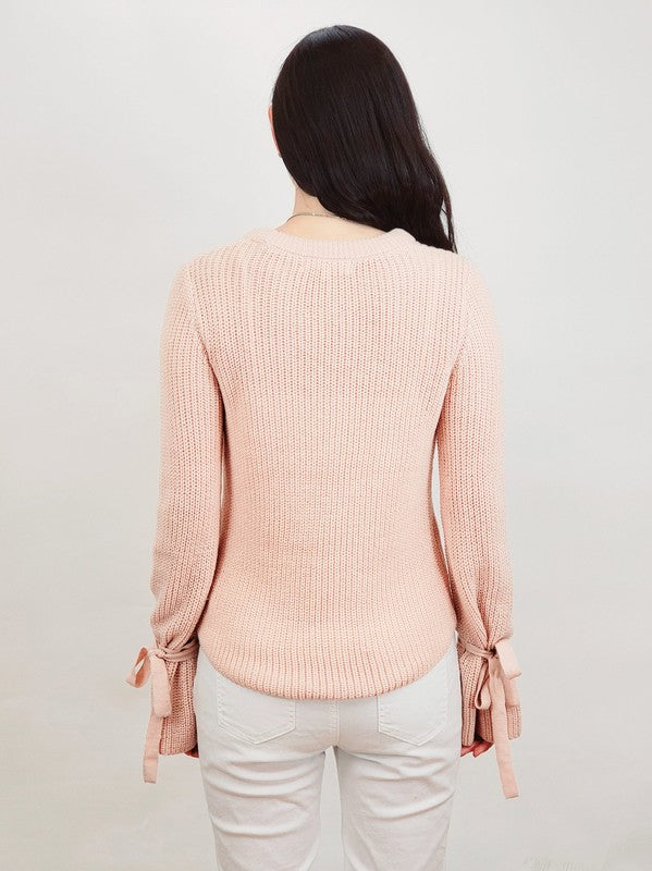 Mak Bow Bell Sleeve Waffle Knit Sweater Pullover