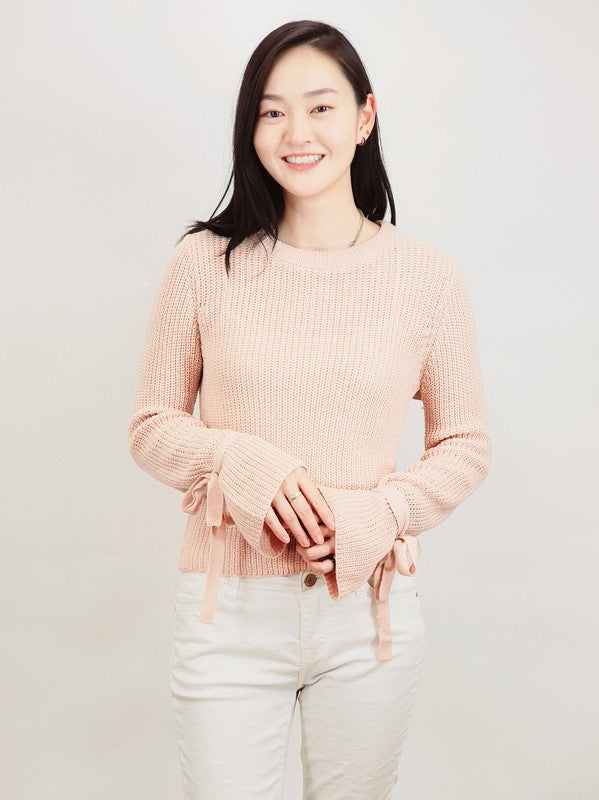 Mak Bow Bell Sleeve Waffle Knit Sweater Pullover