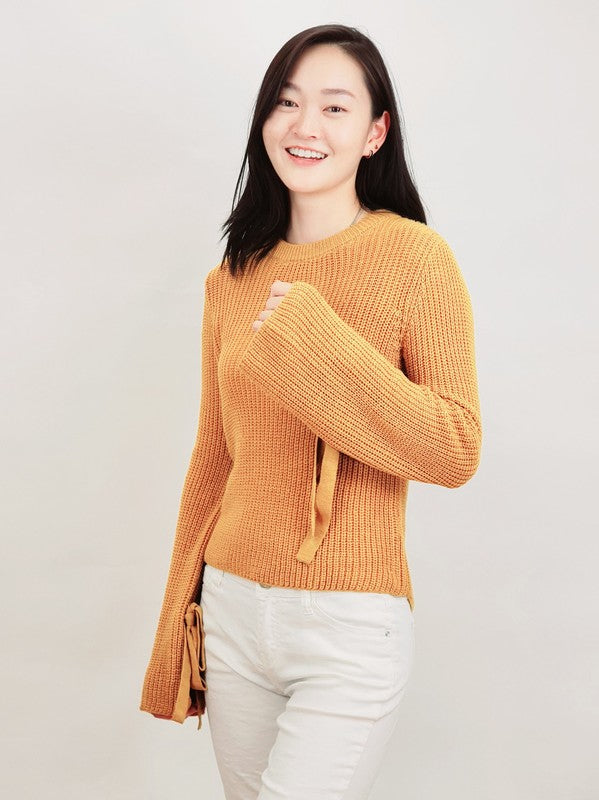 Mak Bow Bell Sleeve Waffle Knit Sweater Pullover