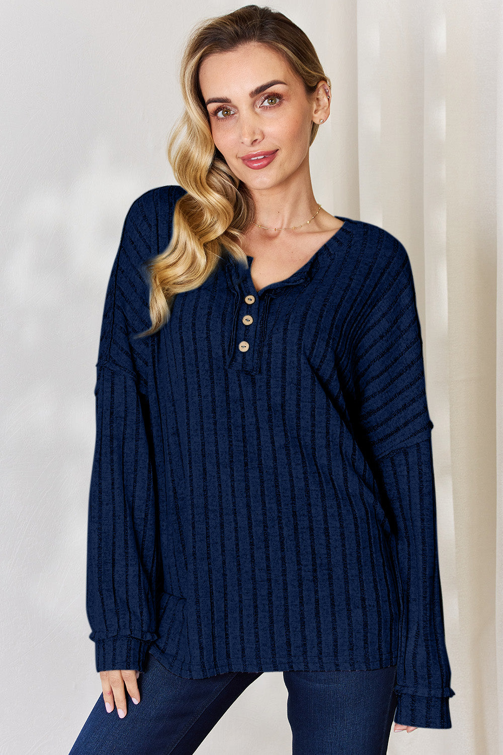 Basic Bae Ribbed Half Button Long Sleeve T-Shirt