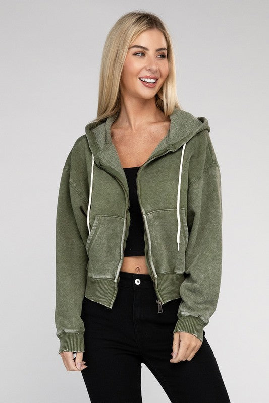 Zenana Acid Wash Fleece Cropped Zip-Up Hoodie - Boho Soho