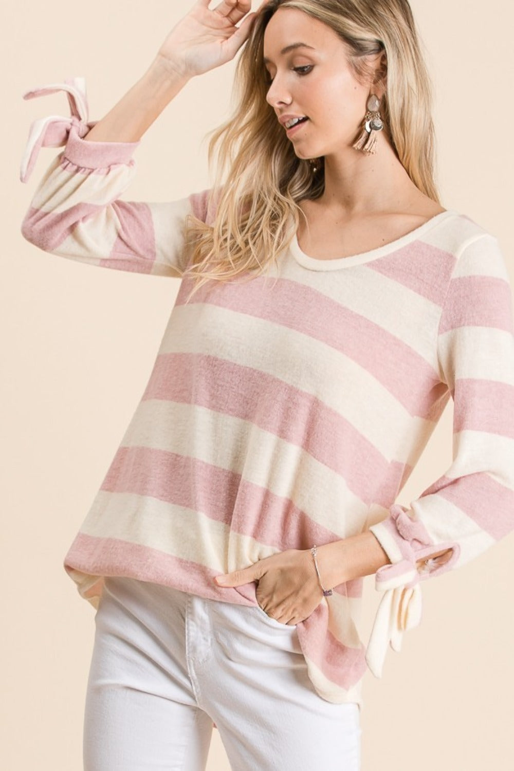 Reborn J Ribbon Cuff Contrast Striped Hacci Top - Boho Soho
