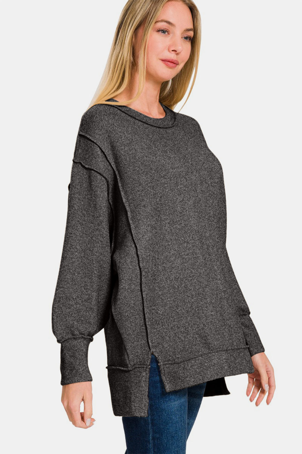 Zenana High-Low Round Neck Long Sleeve Sweater