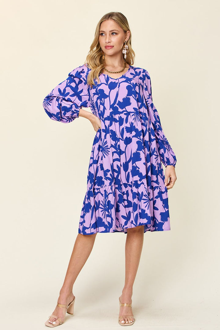 Double Take Full Size Printed Ruffle Hem Dress with Pockets