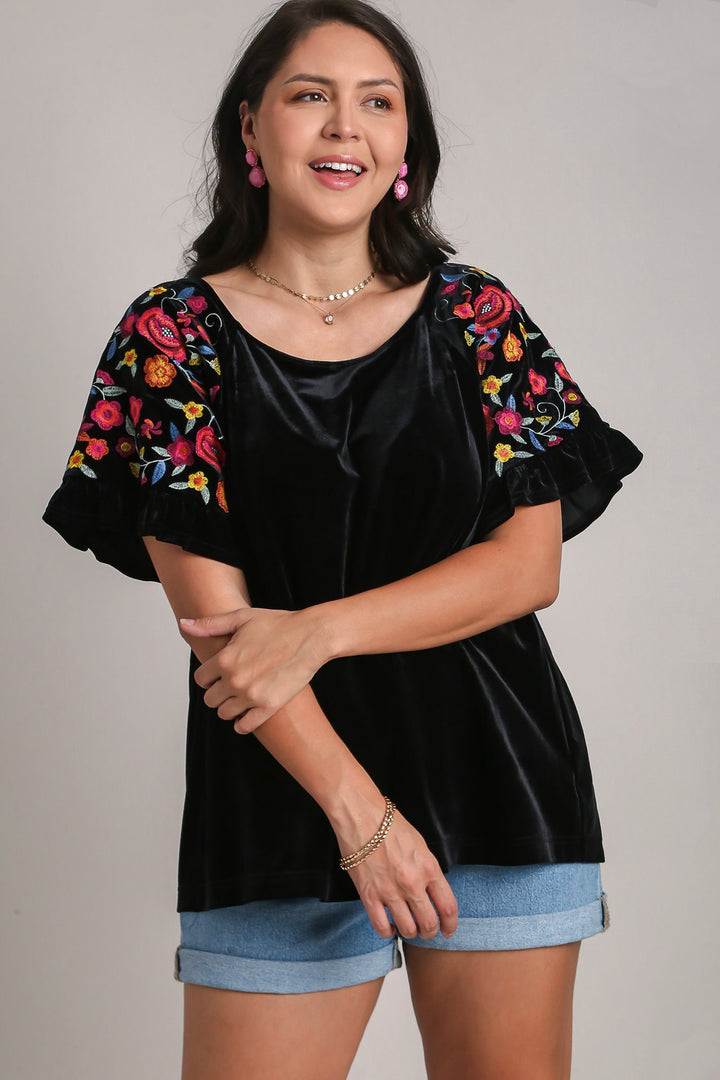 Umgee Velvet Embroidery Short Sleeve Blouse