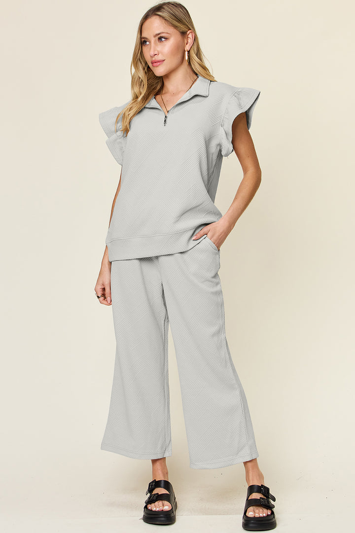 Double Take Texture Ruffle Sleeve Top and Drawstring Wide Leg Pants Set