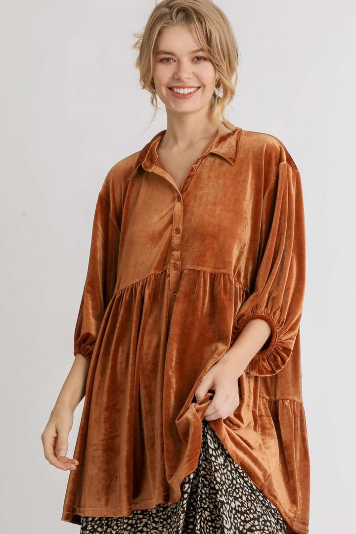 Umgee Button Down Tiered Back High Low Shirt