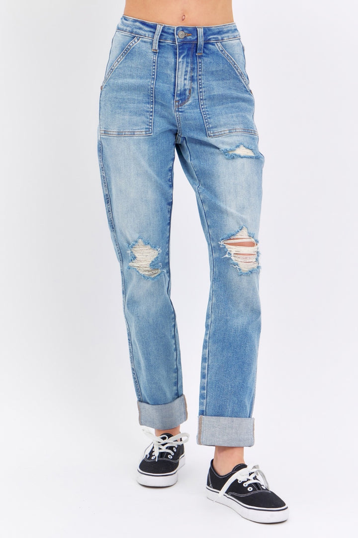 Judy Blue Distressed Straight Jeans with Patch Pockets