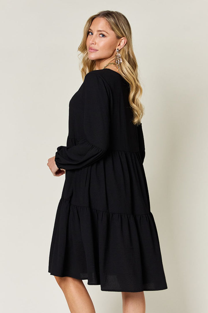 Double Take V-Neck Balloon Sleeve Tiered Dress with Pockets