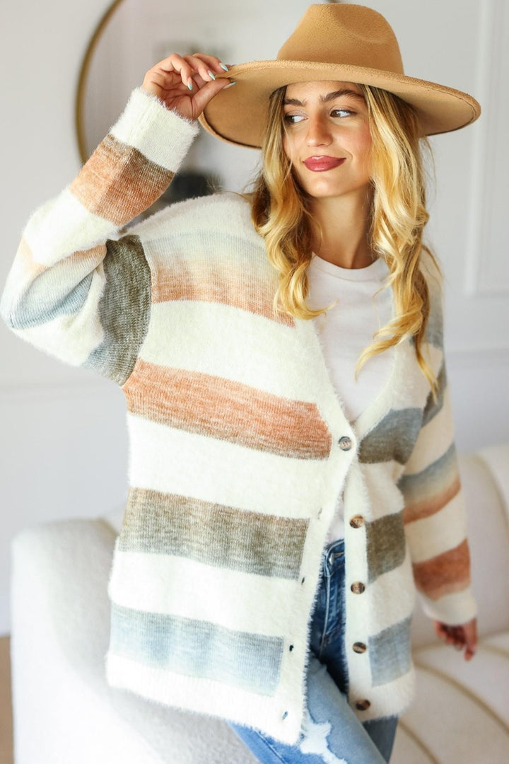 Haptics Button Down Gradient Stripe Soft Fuzzy Sweater Cardigan