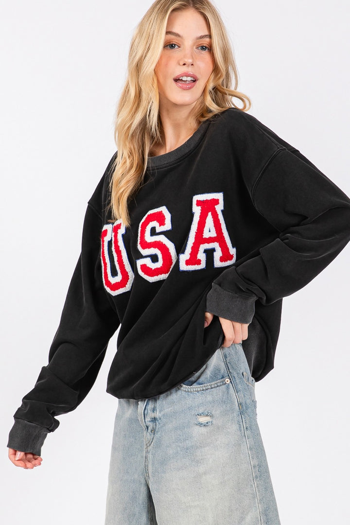 Sage + Fig USA Letter Patch Round Neck Sweatshirt