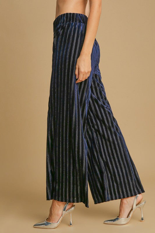 Umgee Elastic Waist Striped Wide Leg Velvet Pants