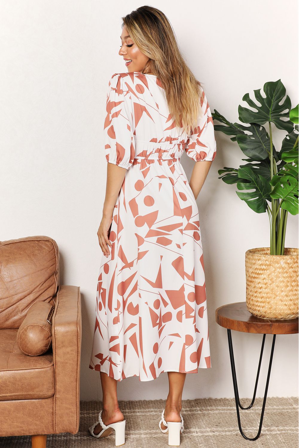 Printed Surplice Balloon Sleeve MIDI Dress