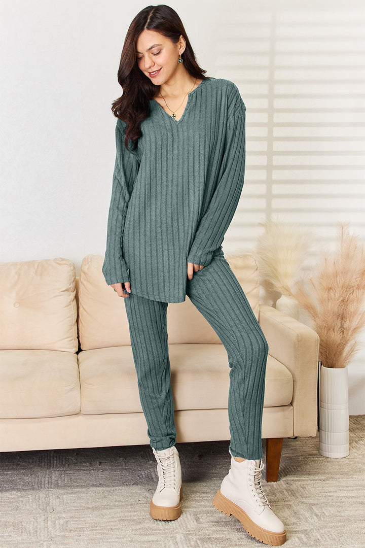 Basic Bae Notched Long Sleeve Top and Pants Set