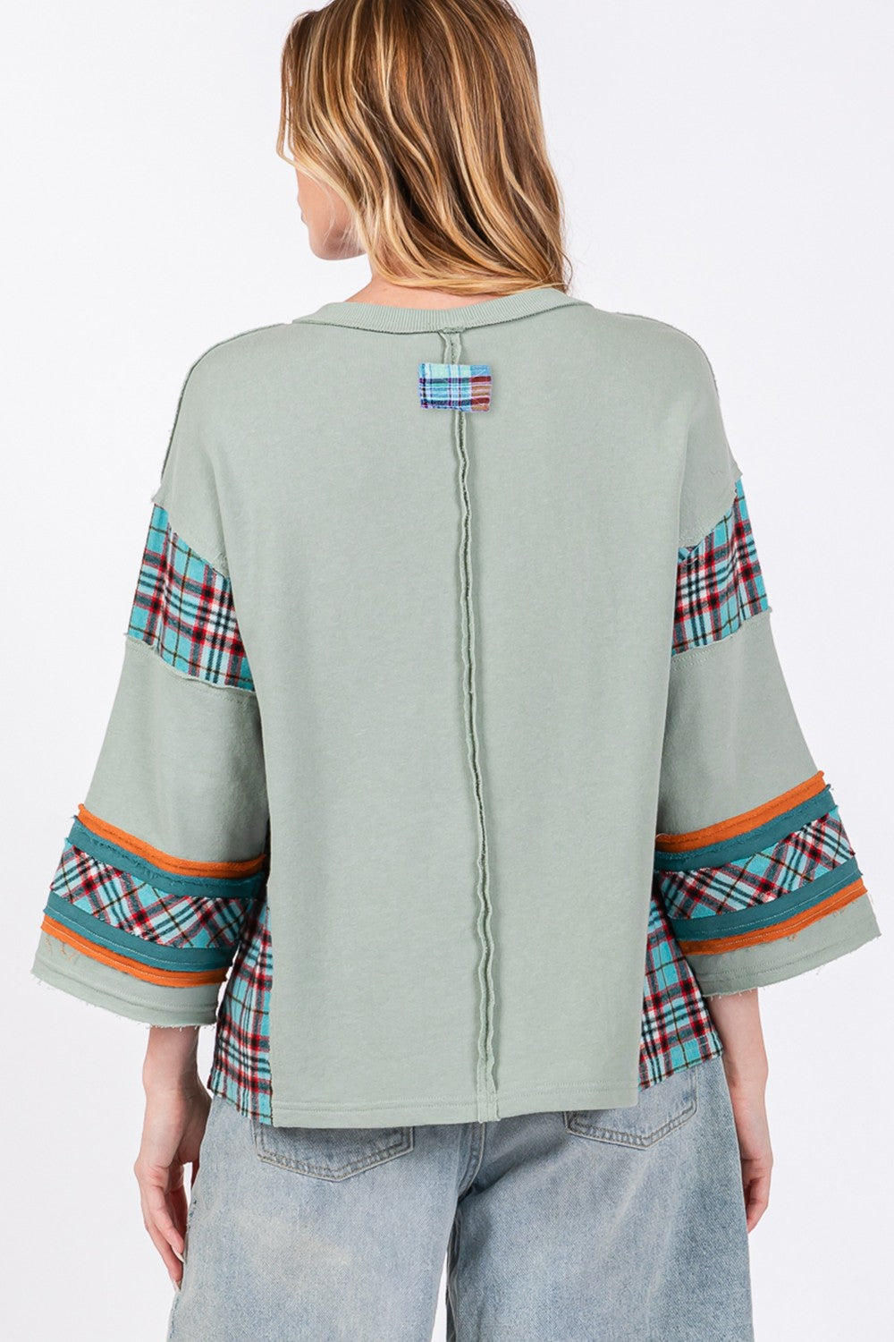 SAGE + FIG Peace Applique Patch Contrast Plaid Top - Boho Soho