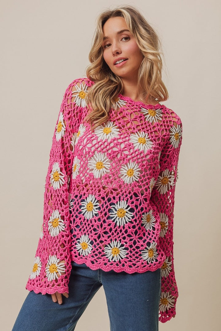 BiBi Floral Crochet Open Knit Top