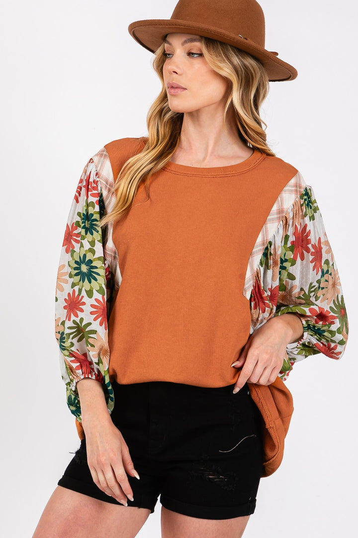 SAGE + FIG Printed Balloon Sleeve Contrast Top