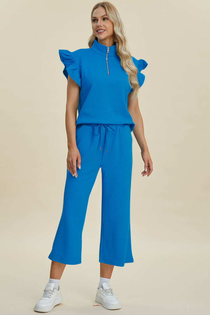 Double Take Full Size Texture Ruffle Short Sleeve Top and Wide Leg Pants Set - Boho Soho