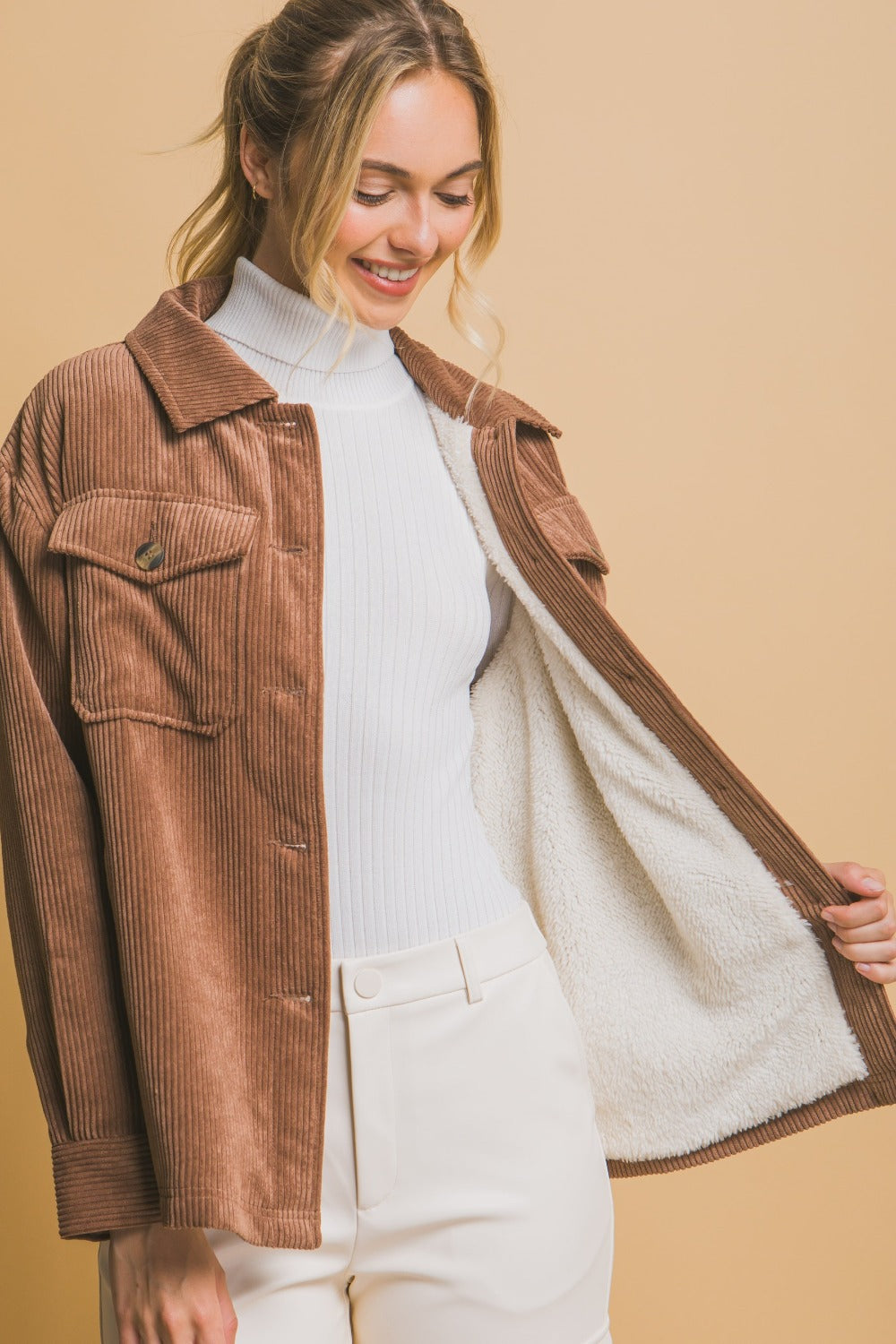 Love Tree Corduroy Button Up Sherpa Lined Jacket