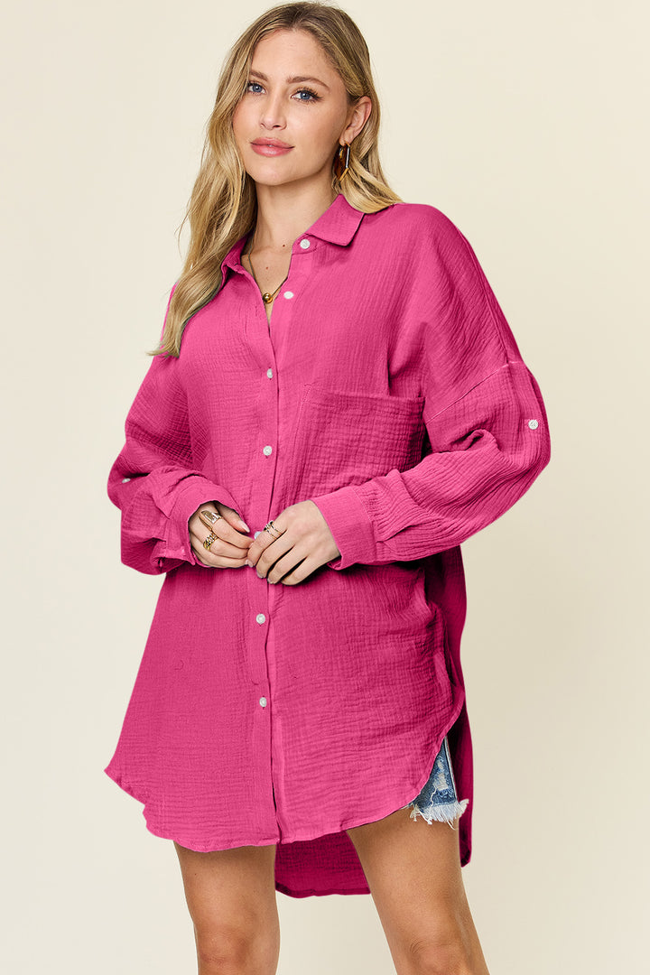 Double Take Pocketed Texture Button Up Shirt