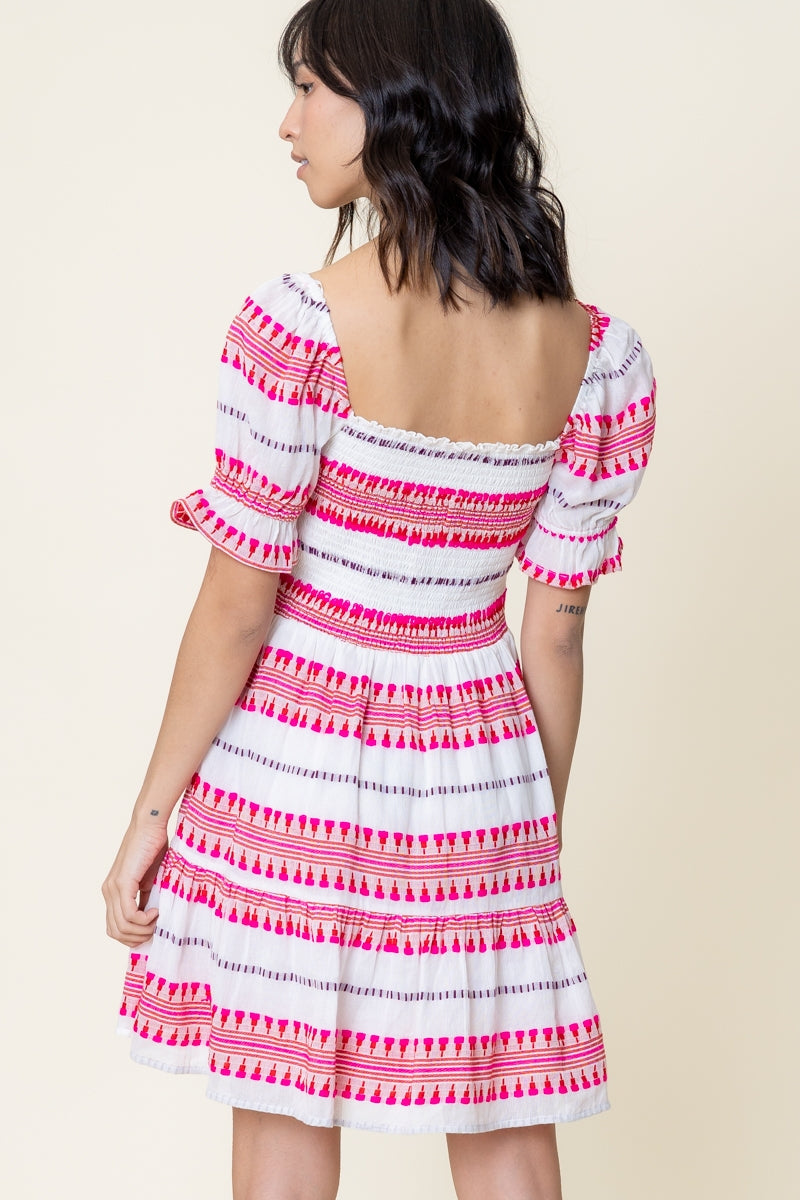 En Crème Embroidered Striped Puff Sleeve Mini Dress - Boho Soho