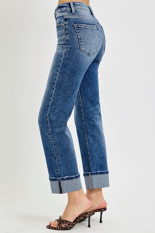 RISEN High Rise Crop Straight Roll Up Jeans