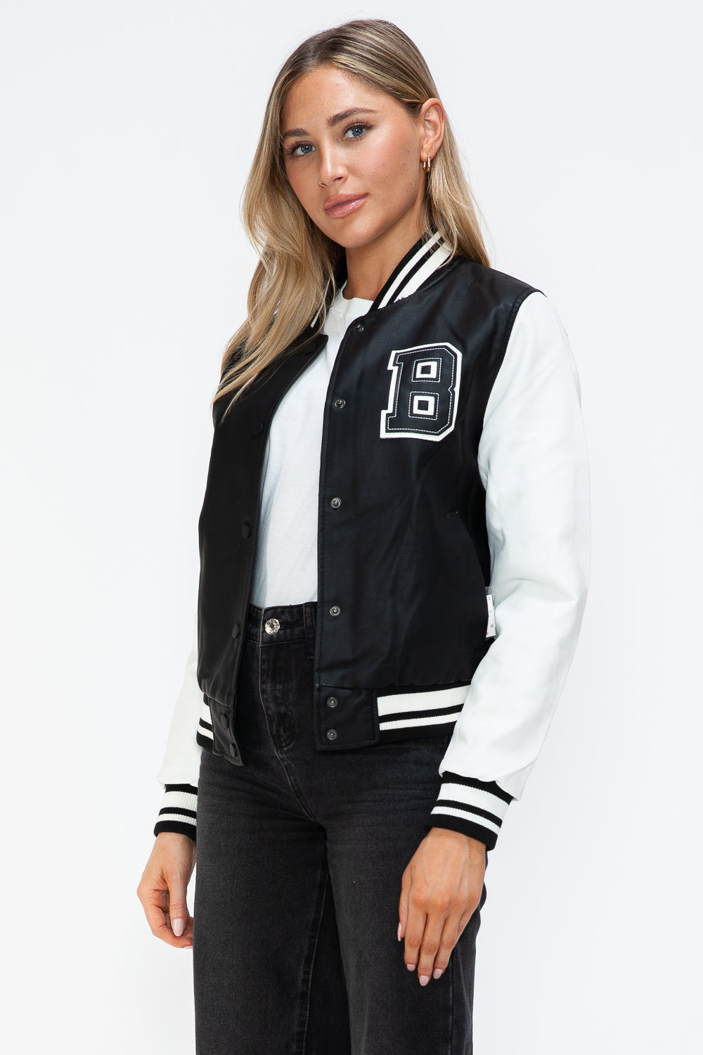 Love Me Now PU Leather Contrast Snap Down Bomber Jacket - Boho Soho