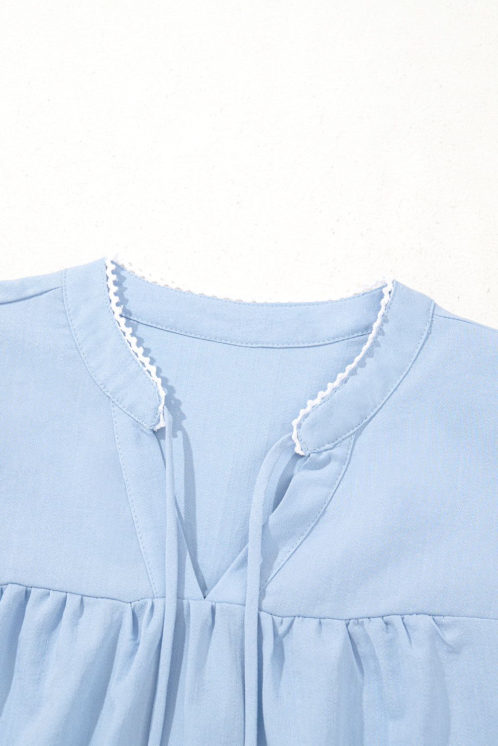 Beau Blue Floral Embroidered Puff Sleeve Split Neck Blouse