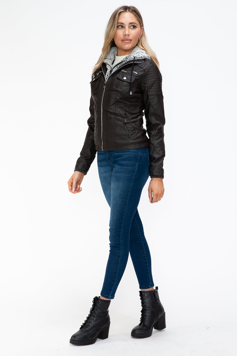 YMI Removable Faux Layered Multi-Pocket Faux Leather Jacket with Fuzzy Hood