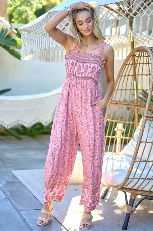 Davi & Dani Floral Smocked Detail With Ruffle Jumpsuit