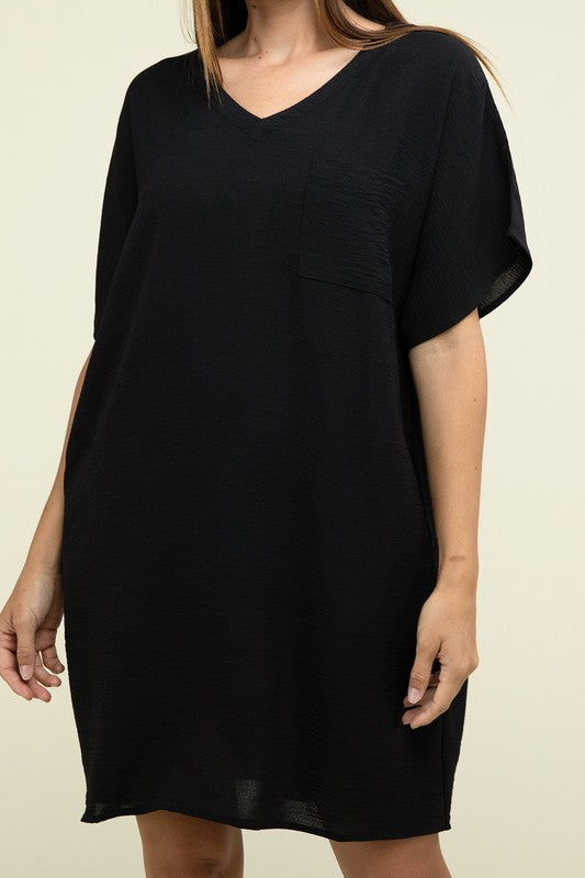 Zenana Woven Airflow V Neck T-Shirt Dress with Pockets