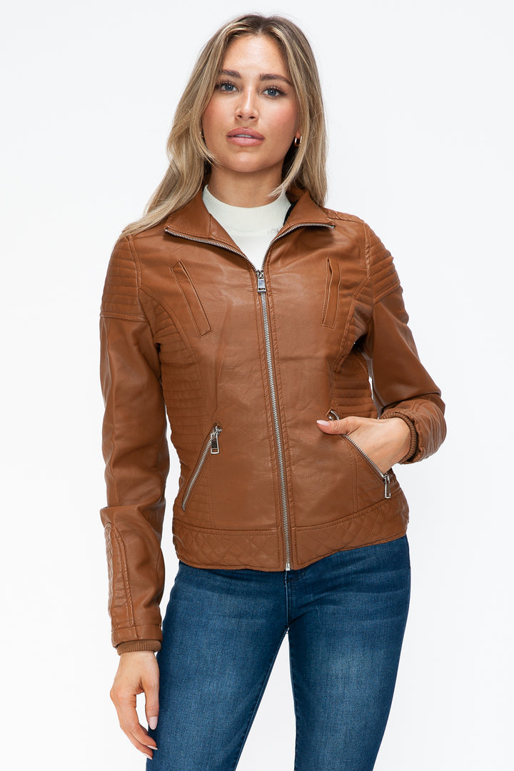 YMI Faux Layered Double-Zipper Faux Leather Jacket with Fuzzy Hood