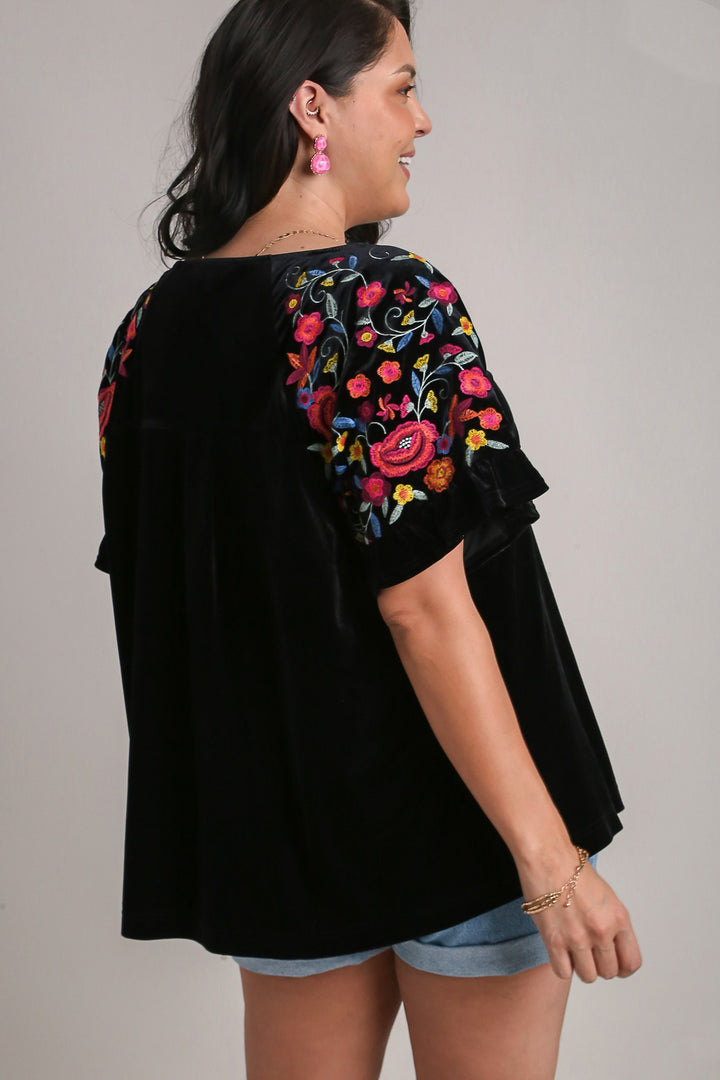 Umgee Velvet Embroidery Short Sleeve Blouse