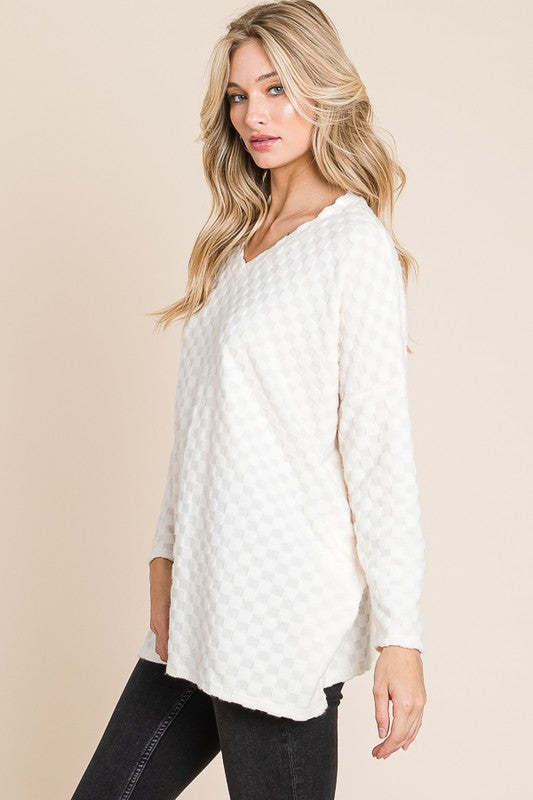 BOMBOM Checkered Long Sleeve V-Neck T-Shirt - Boho Soho