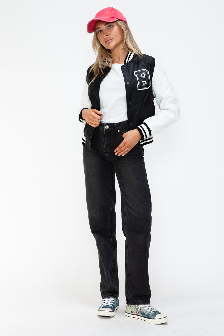 Love Me Now PU Leather Contrast Snap Down Bomber Jacket - Boho Soho