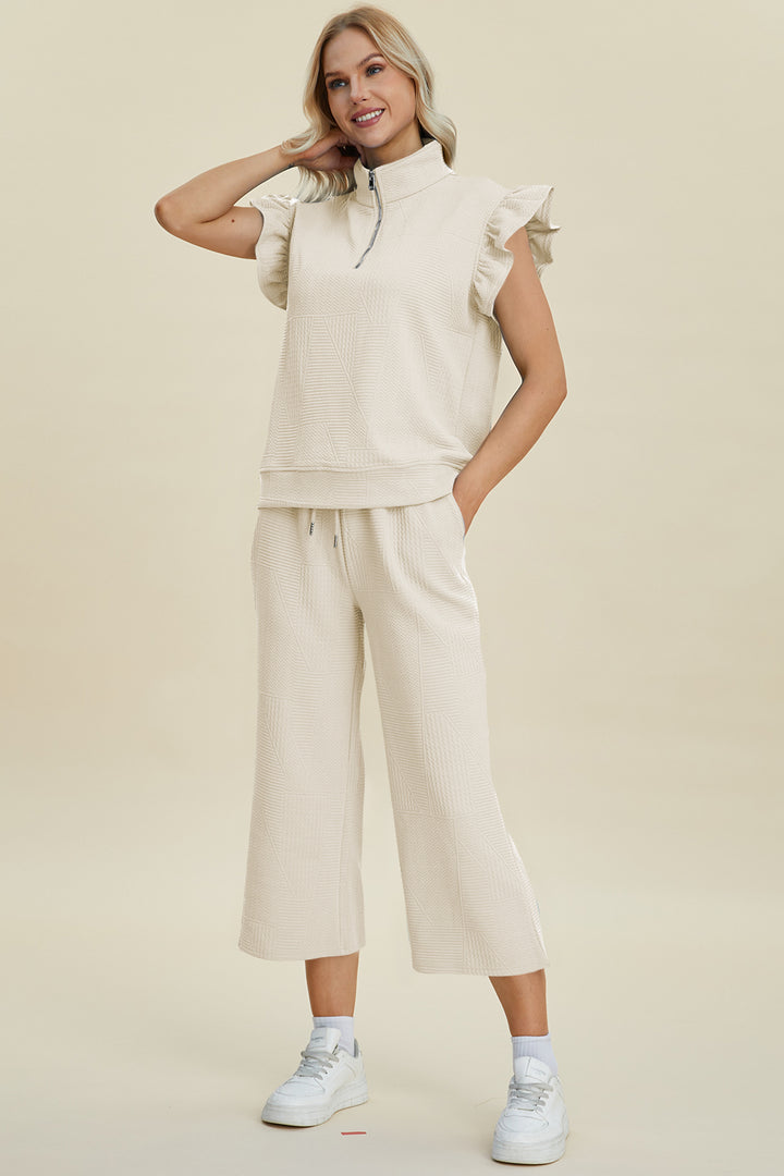 Double Take Full Size Texture Ruffle Short Sleeve Top and Wide Leg Pants Set - Boho Soho