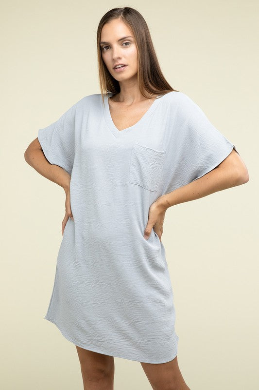 Zenana Woven Airflow V Neck T-Shirt Dress with Pockets