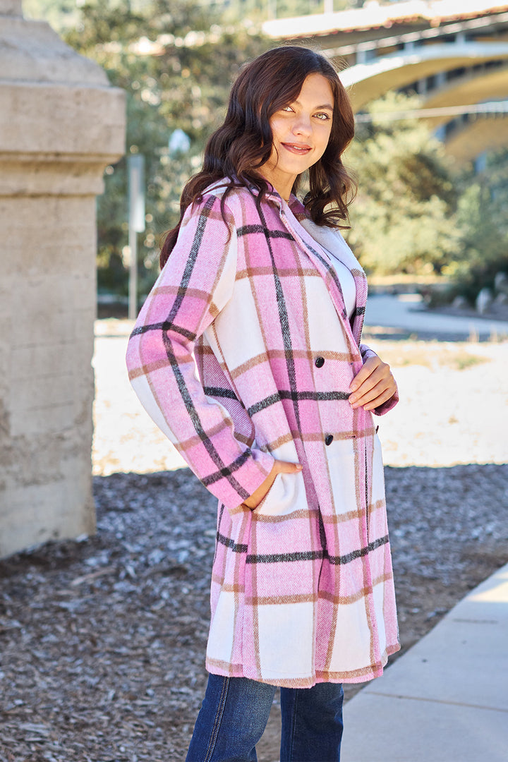 Double Take Plaid Button Up Lapel Collar Coat