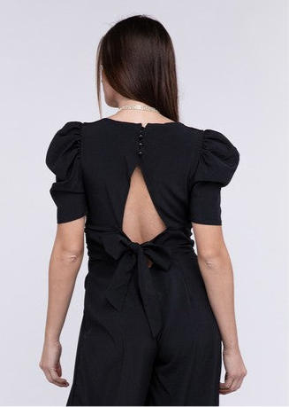 V Neck Puff Sleeve Cutout Jumpsuit