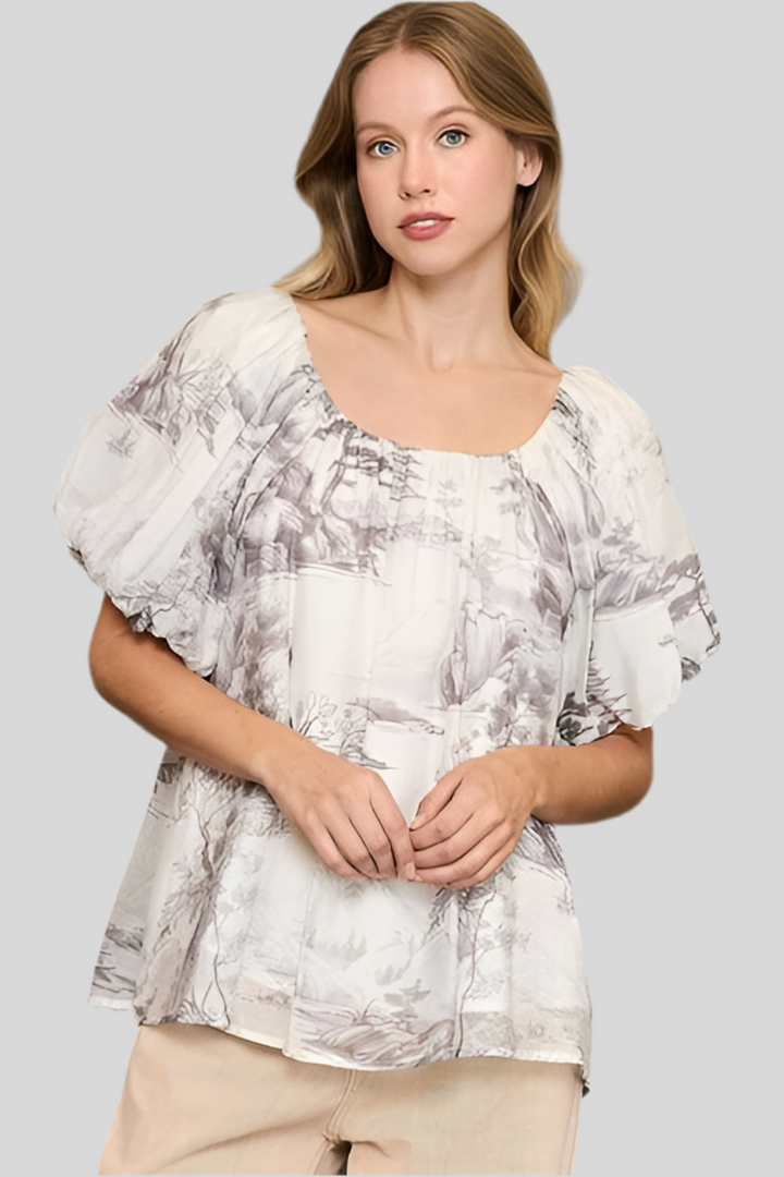 Umgee Puff Sleeve Two Tone Toile Print Top